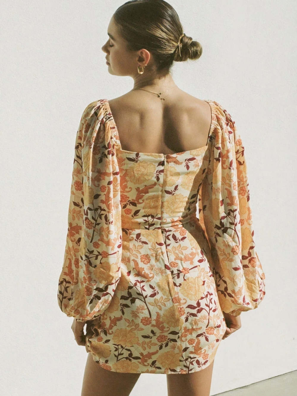 Floral Tie-Front Long-Sleeve Mini Dress - Yellow Floral - Picture 3 of 6